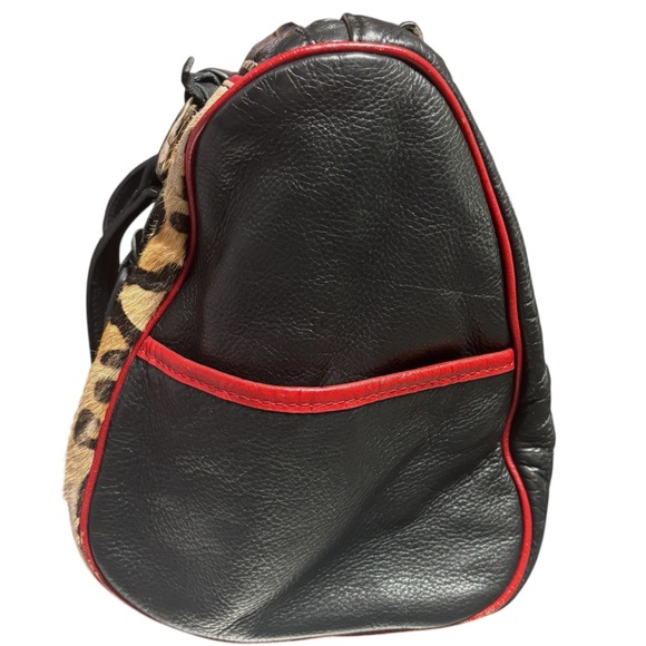 Aqua Madonna Leopard Calf Hair Large Leather Shoulder Bag Red Tassel Zip Satchel - Picture 4 of 15